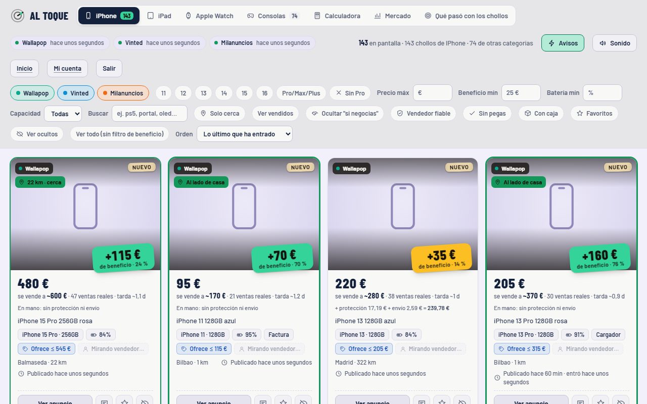 El panel de chollos en el ordenador: tarjetas con el precio, el beneficio estimado y los filtros por modelo